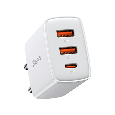NABÍJEČKA 2 x USB + USB-C, PD, 3 A, 30 W, BÍLÁ