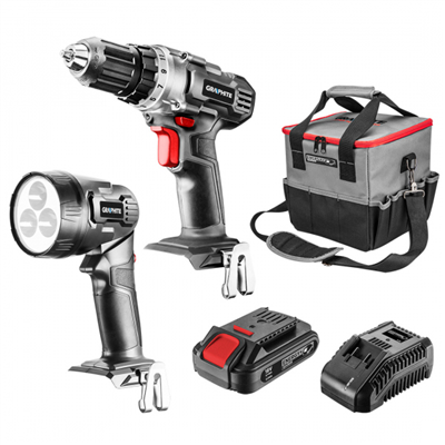 sada: akumulátorová vŕtačka, baterka, taška, batéria Energy+ 18V, Li-Ion 2,0 Ah, nabíjačka Graphite