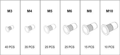 Sada oceľových nitovacích matíc M3-M10 150 ks