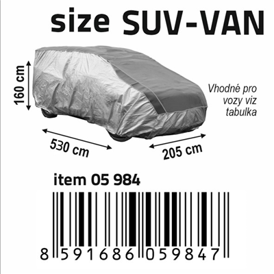 Ochranná plachta proti kroupám SUV-VAN 530x205x160cm