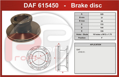 kotouč brzdový DAF LF45 pevný kroužek ABS - Profi Part, 329x133x144x155
