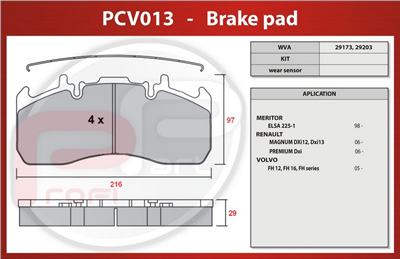 deska brzdová RENAULT Magnum Premium Volvo FH - Profi Part, 216x97x29, PCV013
