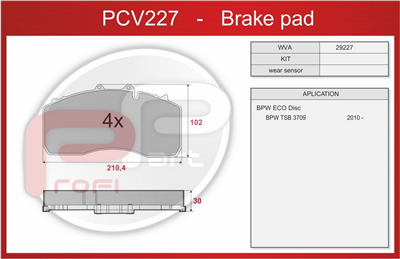 deska brzdová BPW - Profi Part, 210x102x30, PCV227