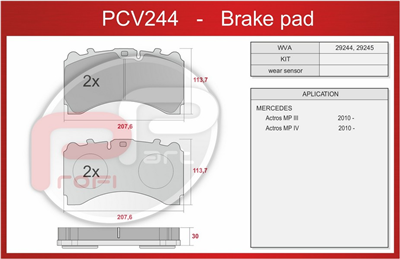 deska brzdová PN MERCEDES Actros III, IV-Profi Part, od 2010 - 113,7x207,6x30, PCV244