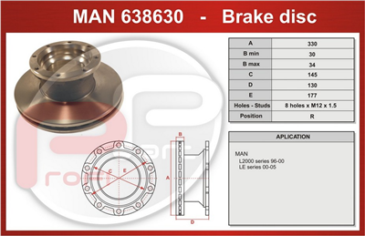 kotouč brzdový MAN L2000, MERCEDES ATEGO zadní - Profi Part, 330x145x130x177