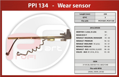 čidlo brzdových desek MERITOR, RENAULT Midlum - Profi Part, PPI 134