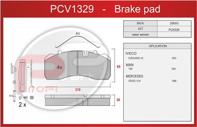 deska brzdová IVECO, MAN, BPW, SAF - Profi Part, 211x93x30, PCV1329 (lze nahradit deskou PCV131N)