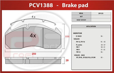 deska brzdová MERCEDES, VOLVO FH series - Profi Part, 250x111x29, PCV1388