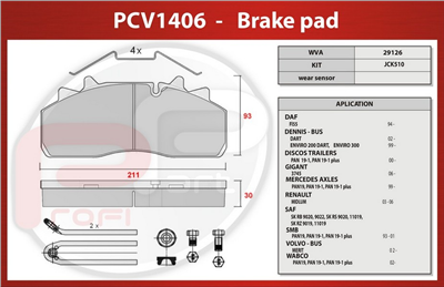 deska brzdová SAF, NISSAN Atleon, DAF, SOR, DENNIS - Profi Part, 211x93x30, PCV1406