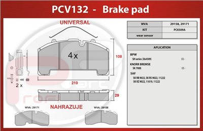 deska brzdová BPW, SAF - Profi Part, 210x108x29, PCV132N