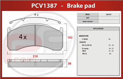 deska brzdová SOR 10.5 zadní - Profi Part, 210x102.4x29, PCV1387