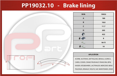 obložení brzdové BPW - Profi Part, 420x180x17.8/10.7 WVA 19032-01