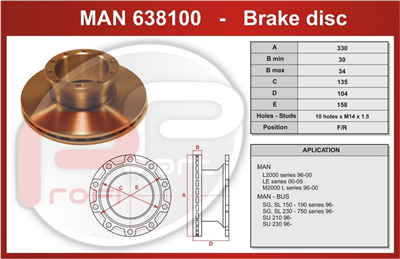 kotouč brzdový MAN L2000 přední - Profi Part, 330x135x104x158