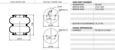 měch pérování Hendrickson, G1/4, 180° Meritor, PANAV zvedání náp. komplet