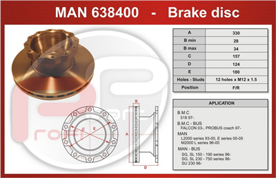 kotouč brzdový MAN L2000 zadní - Profi Part, 330x157x124x180