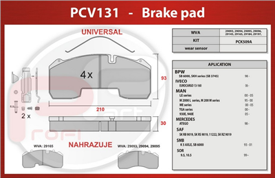deska brzdová BPW, MAN, MERCEDES, SOR - Profi Part, 210x92x30, PCV131N