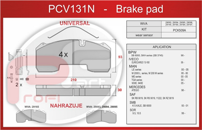 deska brzdová BPW, MAN, MERCEDES, SOR - Profi Part, 210x92x30, PCV131N