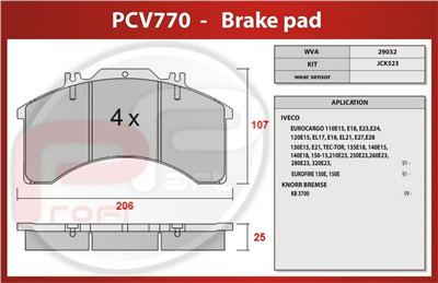 deska brzdová IVECO - Profi Part, 206x107x25, PCV770