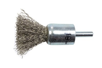 kartáč drátěný koncový, nerezový, vlnitý drát 0,3 mm, průměr 22 mm, dřík 6 mm