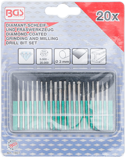 Brusná a frézovací tělíska, diamantová, dřík 3 mm, sada 20 ks - BGS 1607