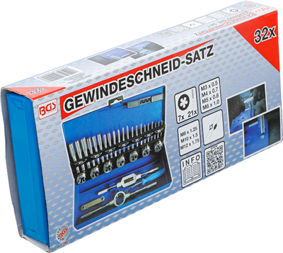 Závitorezné nástroje a závitové očká M3-M12 HSS, sada 32 dielov - BGS 901