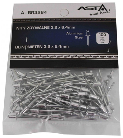 Trhací nýty hliník-ocel, 3,2 x 6,4 mm, s plochou hlavou, sada 100 ks