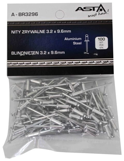 Trhací nýty hliník-ocel, 3,2 x 9,6 mm, s plochou hlavou, sada 100 ks