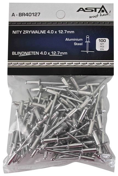 Trhací nýty hliník-ocel, 4,0 x 12,7 mm, s plochou hlavou, sada 100 ks