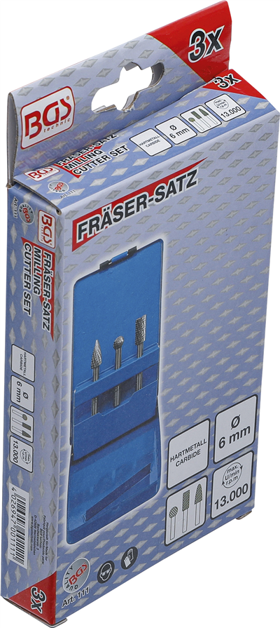 Tvrdokovové frézy - koule, kužel a válec, dřík 6 mm, sada 3 ks - BGS 111
