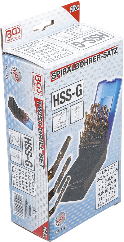 Vrtáky do kovu 1-13 mm, kobaltové HSS-G M35, sada 25 dielov - BGS 116