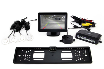 Parkovací asistent TFT01 4,3” s kamerou CAM-402 LED v podložke pod ŠPZ, 4-senzorové, biele