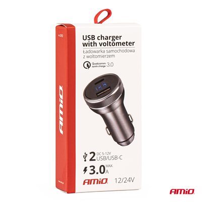 USB nabíjačka s voltmetrom 38W PCH PRO-06 USB+USB-C 12/24V AMiO-02932