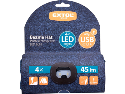 Čepice s čelovkou 4x45lm, nabíjecí, USB, modrá /černá, univerzální velikost EXTOL-LIGHT