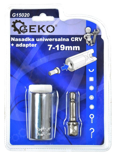 Univerzální nástrčná hlavice CrV 7-19mm + adaptér GEKO