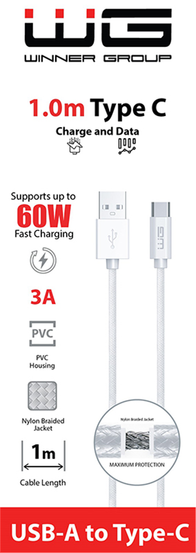 Datový kabel USB-A_type-C, 3 A, bílý, 100 cm