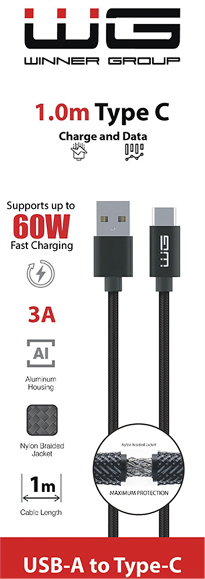 Datový kabel USB-A_type-C, 3 A, černý, 100 cm