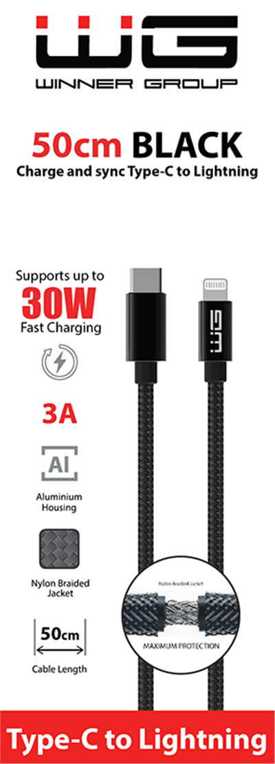 Datový kabel type-C_Lightning, 3 A, černý, 50 cm