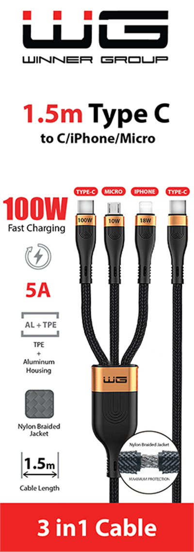 Datový kabel type-C_type-C/Lightning/micro, 5 A, černý, 150 cm