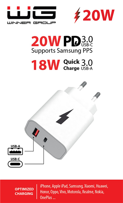 Síťová nabíječka USB-A, type-C, až 20 W