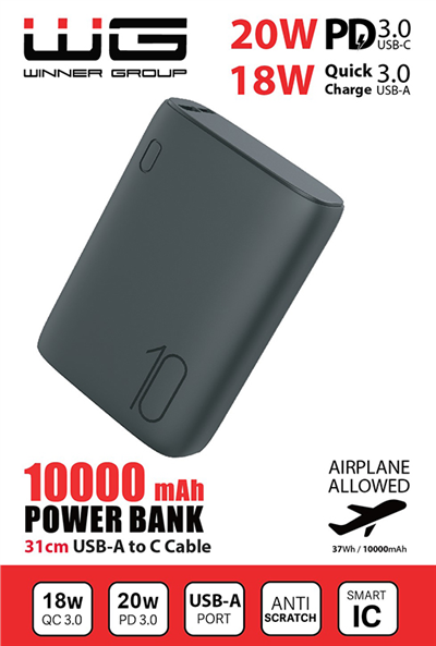Powerbanka 10000 mAh, rychlonabíjení a PD, vč. kabelu, černá