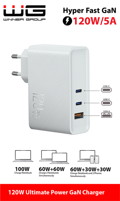 Síťová nabíječka USB-A, 2x type-C, až 120 W