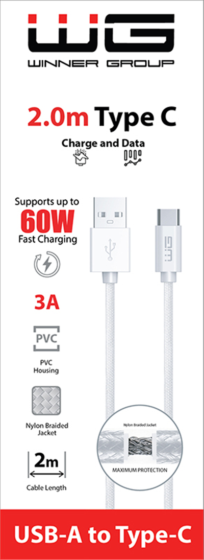Datový kabel USB-A_type-C, 3 A, bílý, 2 m