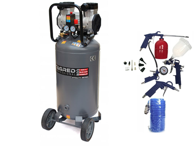 AKČNÍ SET SETTA3397M, Bezolejový vertikální kompresor s odlučovačem 100l, 230V, 2 písty, 3000W 10 BAR + příslušenství