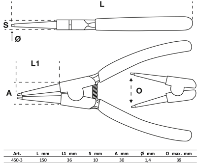 BGS 450-3, Kleště na rozpěrné kroužky rovné pro vnější rozpěrné kroužky 150 mm