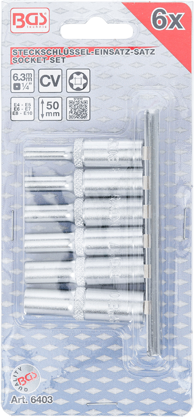 BGS 6403, Sada nástrčných hlavic E-profil, prodloužené 6,3 mm (1/4