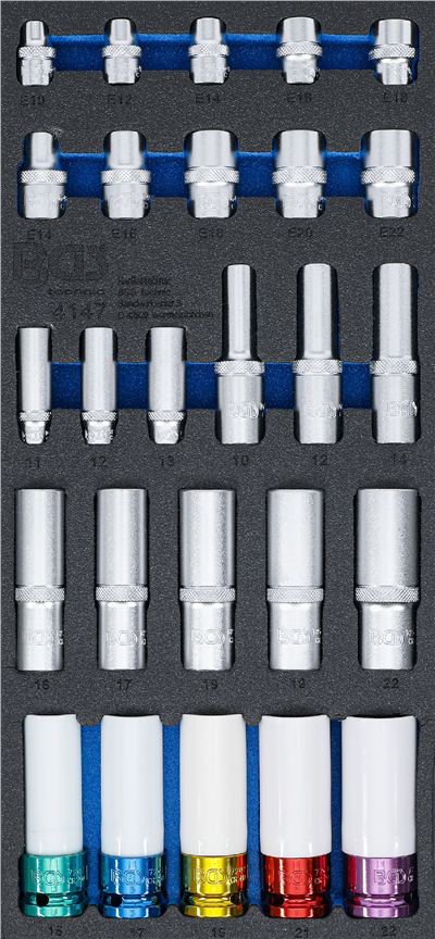 BGS 4147, Vložka do dílenského vozíku 1/3: nástrčná šestihranná hlavice, hloubka 11 - 22 mm E-profil E10 - E22 6,3 mm (1/4