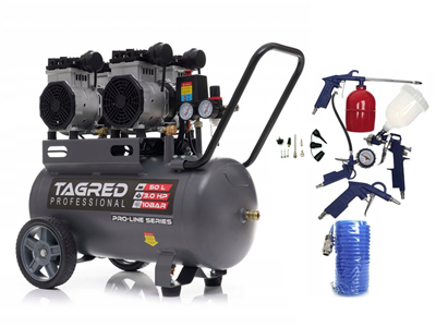 AKČNÍ SET SETTA3385M, Bezolejový kompresor s odlučovačem 50l, 230V, 4 písty, 2x1500W 10 BAR + příslušenství