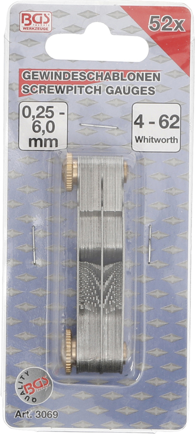 BGS 3069, Dvojitá závitová měrka, 52 lístků metrická 0,25 - 6,0 mm, Whitworth 4G - 62G