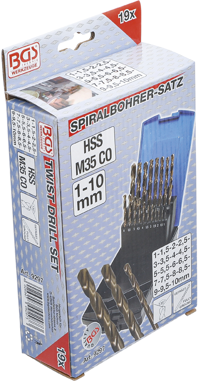 BGS 9297, Sada spirálových vrtáků HSS-G M35 kobaltová ocel 1 - 10 mm 19dílná