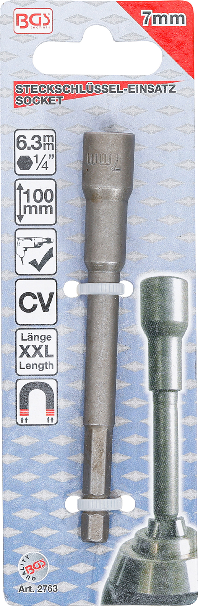 BGS 2763, Nástrčná hlavice, šestihranná, velmi dlouhá pro vrtačky pohon vnější šestihran 6,3 mm (1/4